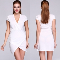 Elegant Solid Color Deep V-neck Irregular Hem Short Sleeve Dress