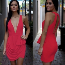 Sexy Deep V-neck Hollow Out Backless Solid Color Party Dress