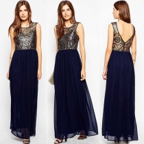 Elegant Lace Spliced Backless Sleeveless Maxi Dress