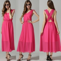 Elegant Solid Color Backless V-neck Sleeveless Evening Dress