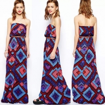 Ethnic Style Floral Print Strapless Maxi Dress