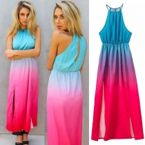 Fashion Color Gradient High Waist Halter Maxi Dress