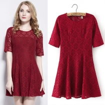 Fashion Solid Color Short Sleeve Round Neck Lace Dress