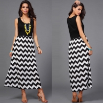 Fashion Sleeveless Round Neck Wave Pattern Maxi Dress
