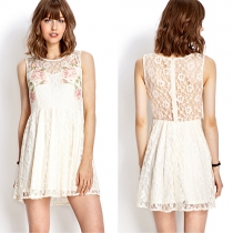 Sweet Floral Print Hollow Out Lace Spliced Sleeveless Dress
