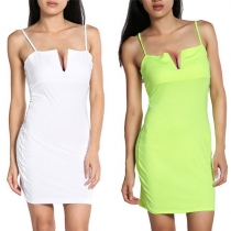 Sexy V-neck Slim Fit Solid Color Sling Dress