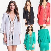 Fashion Hollow Out Lace Spliced 3/4 Sleeve Beach Dress Smock