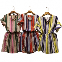 Fashion Short Sleeve Gathered Waist Contrast Color Striped Dress
