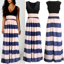 Fashion Sleeveless V-neck Striped Spliced Hem High Waist Maxi Dress