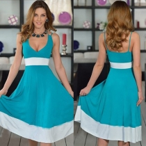 Fashion Contrast Color V-neck High Waist Sling Dress
