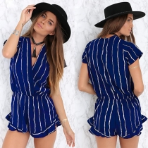 Sexy Deep V-neck Short Sleeve Striped Rompers Jumpsuits