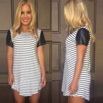Fashion PU Leather Spliced Short Sleeve Irregular Hem Striped Dress