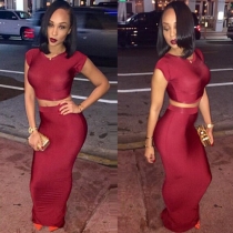 Sexy Solid Color Crop Tops + High Waist Bust Skirt Two-piece Set