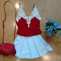 Fashion Lace Spliced Cami Tops + White Skirt Two-piece Set