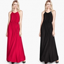 Fashion Solid Color Gathered Waist Sling Maxi Dress