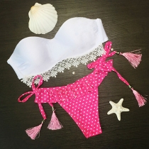 Sexy Lace Spliced Dots Print Bandeau Bikini Set