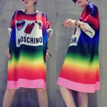 Fashion Short Sleeve Round Neck Colorful Striped Dress