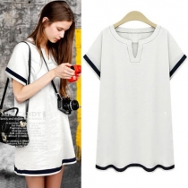Fashion Contrast Color Short Sleeve Loose Casual Dress