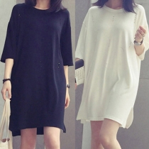 Fashion Solid Color 3/4 Sleeve Round Neck Loose T-shirt Dress