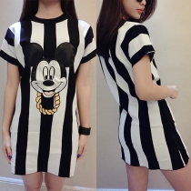 Cute Mickey Pattern Short Sleeve Round Neck Striped Dress