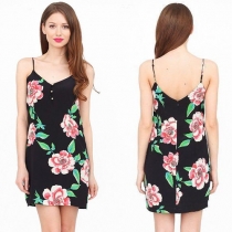Sexy Backless V-neck Floral Print Sling Dress