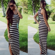 Fashion Sleeveless Round Neck Slit Hem Striped Maxi Dress