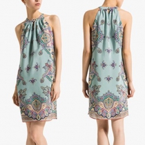 Fashion Floral Print off-shoulder Halter Dress