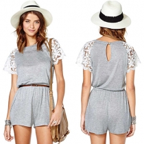 Fashion Lace Spliced Short Sleeve Round Neck Loose Rompers
