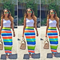 Fashion White Tops + Colorful Striped Skirt Two-piece Set