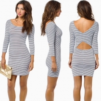 Sexy Backless Long Sleeve Slim Fit Striped Bodycon Dress