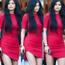 Elegant Solid Color Short Sleeve Irregular Hem Slim Fit Red Dress