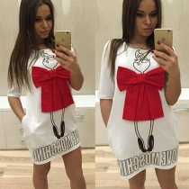 Fashion Contrast Color Bowknot Short Sleeve Casual Dress