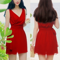 OL Style Sleeveless Deep V-neck Gathered Waist Red Chiffon Dress
