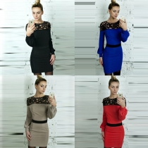 Fashion Hollow Out Lace Spliced Lantern Sleeve Slim Fit Dress