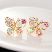Fashion Rhinestone Hollow Out Butterfly Shaped Pearl Stud Earrings
