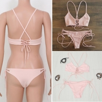 Sexy Solid Color Lace-up Pink Bikini Set