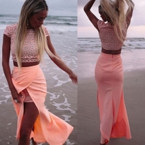 Sexy Short Sleeve Lace Crop Tops + Slit Hem Bust Skirt Two-piece Set