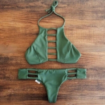 Sexy Hollow Out Low-waist Solid Color Halter Bikini Set