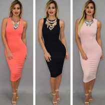 Fashion Sleeveless Round Neck Solid Color Bodycon Dress