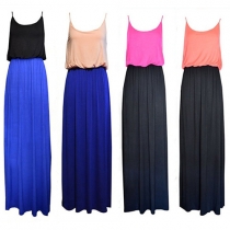 Fashion Contrast Color Gathered Waist Sling Maxi Dress