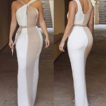 Sexy Backless Sleeveless Contrast Color Slim Fit Maxi Dress