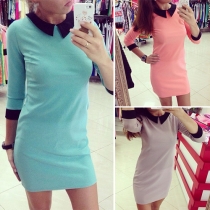Fashion Contrast Color 3/4 Sleeve Peter Pan Collar Slim Fit Dress