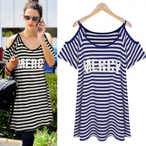 Sexy Off-shoulder Letters Printed Striped Dress