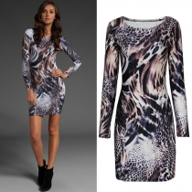 Fashion Long Sleeve Round Neck Slim Fit Leopard Printed Dress