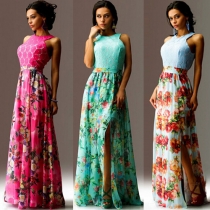 Sexy Backless Off-shoulder Slit Hem Floral Print Maxi Dress