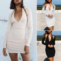 Sexy Deep V-neck Hollow Out Long Sleeve Slim Fit Party Dress