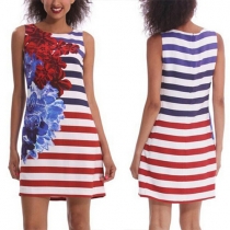 Fashion Sleeveless Round Neck Floral Print Striped Dress