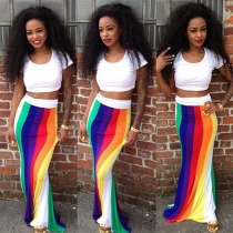 Sexy Short Sleeve Crop Tops + High Waist Colorful Striped Maxi Skirt Set