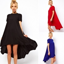 Fashion Solid Color Short Sleeve High-low Hem Chiffon Dress