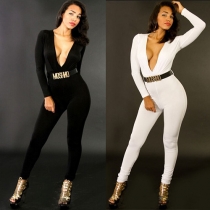 Sexy Deep V-neck Long Sleeve Solid Color Jumpsuits